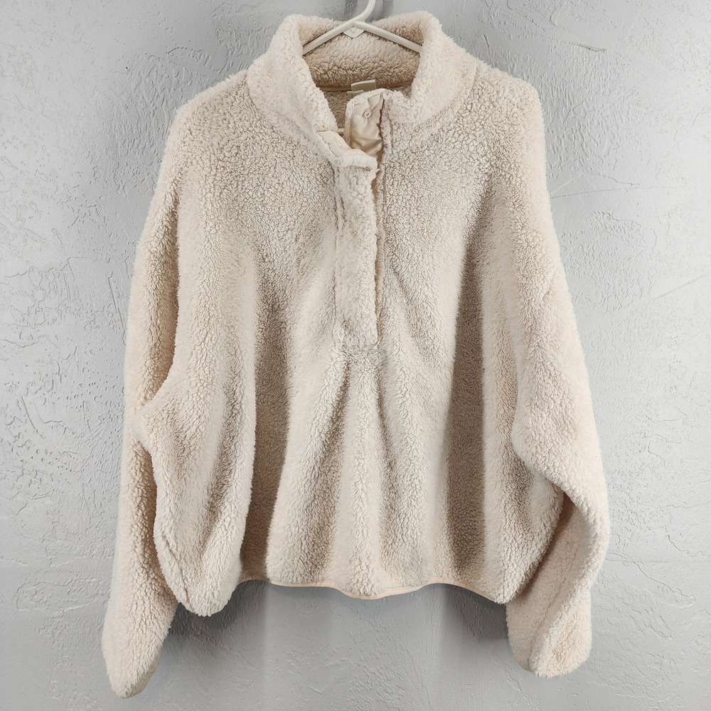 H&M Cream White Faux Shearling Sherpa Fleece Snap Pullover Jacket Womens XL